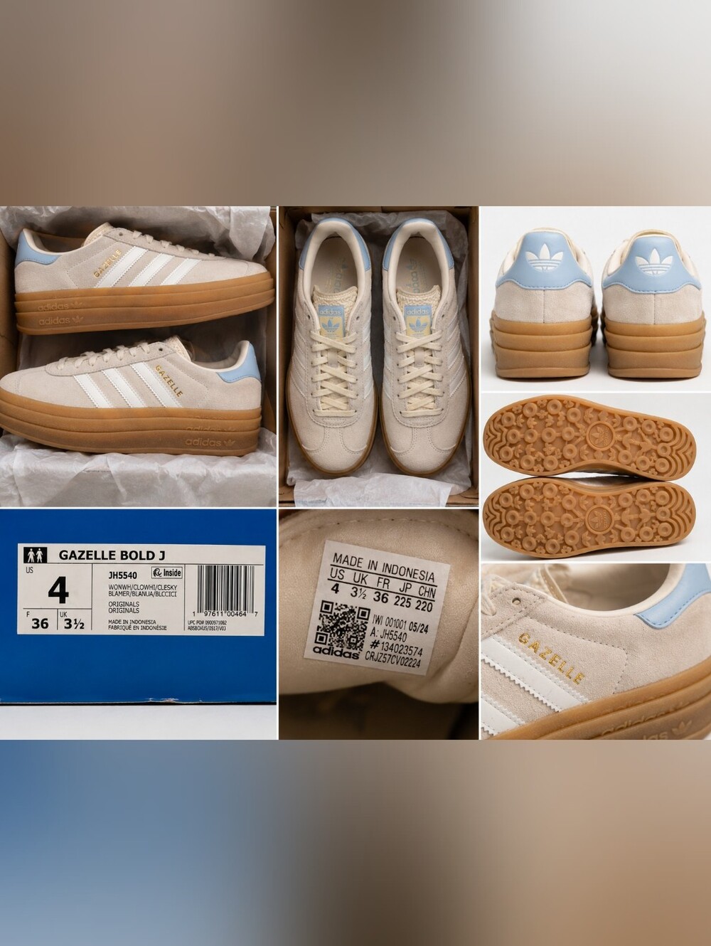 Adidas Gazelle Bold J Wonder White Clear Sky JH5540 Size 4Y / Women's 5.5 NIB